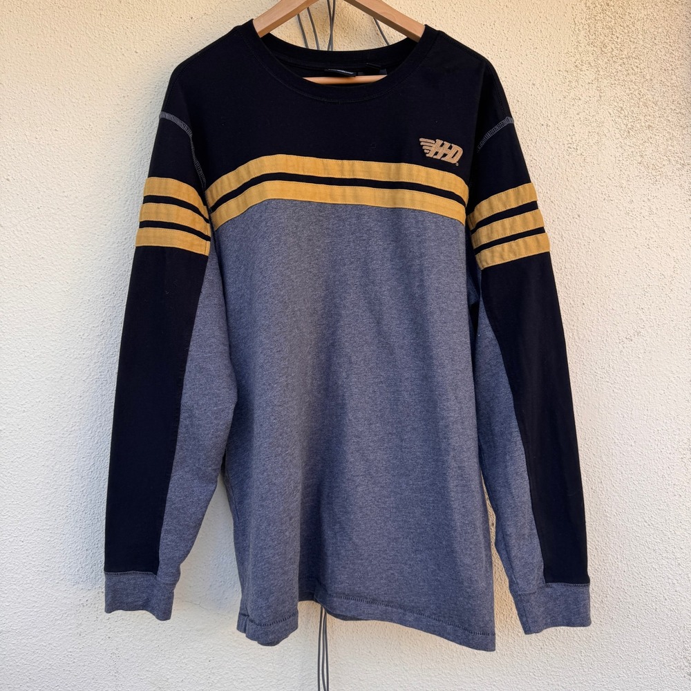 Harley Davidson Mens XL Long Sleeve Colorblock Shirt Black Gray Yellow Biker Tee - Picture 2 of 8